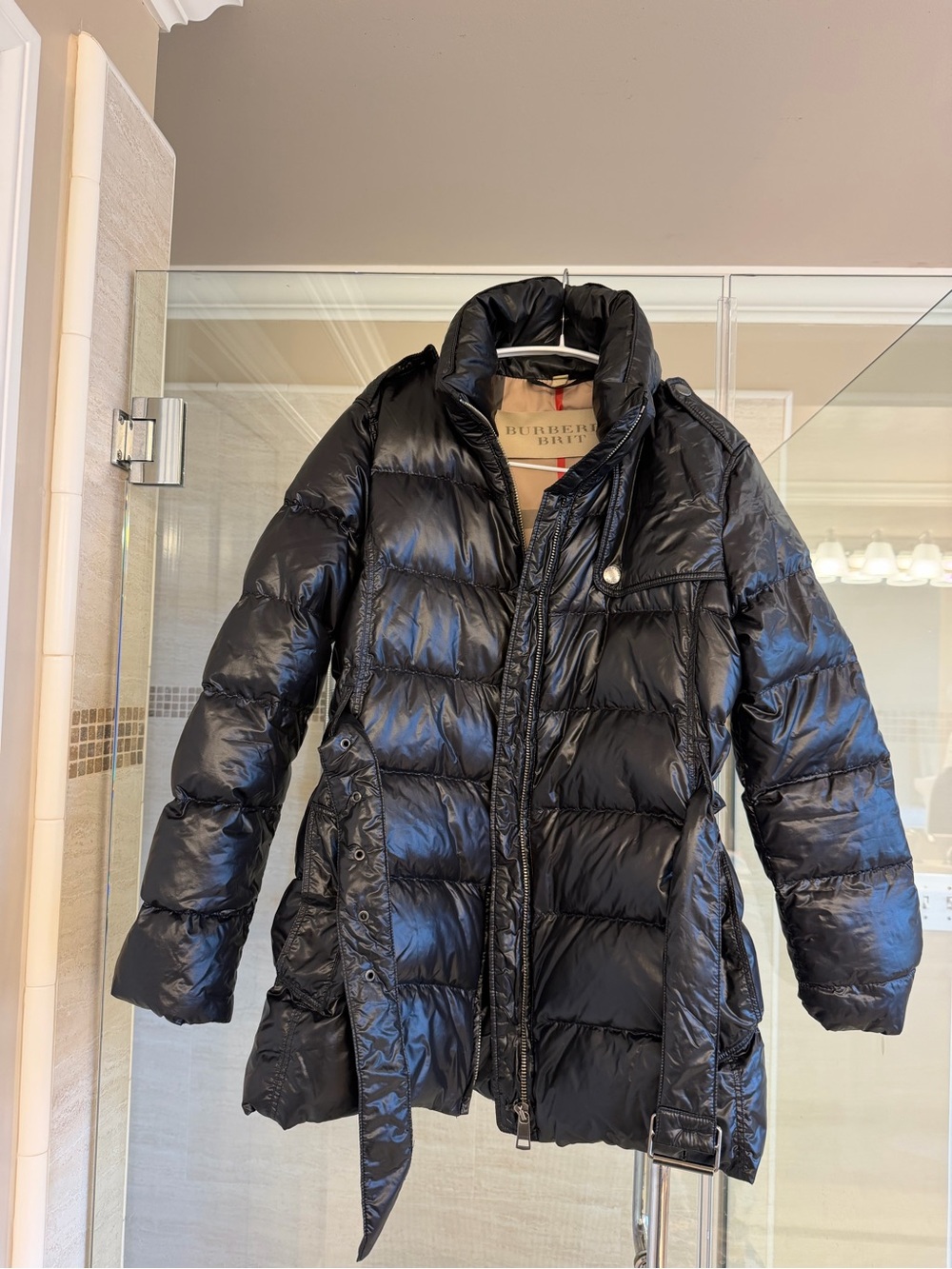 Burberry Black Shiny Quilted Long Down Puffer Coat size Small